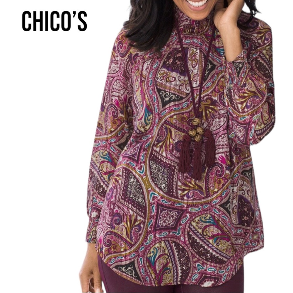 Chico's BOHEMIAN SCROLLS SMOCKED MOCK-NECK TOP Large PURPLE MAROONE Blouse EUC
